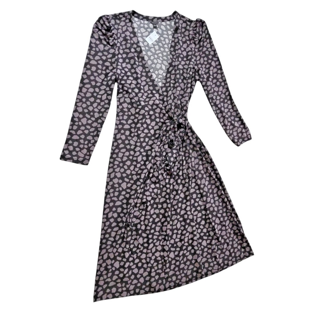 Ann Taylor Wrap Dress 14 Black/Gray Animal Print Midi Long Sleeve Stretch NWT - Picture 5 of 10